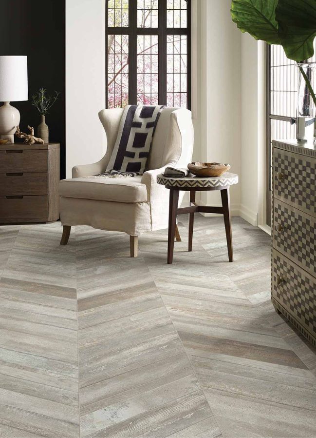 wood look tile flooring in a North Carolina living room from Brentwood Flooring America