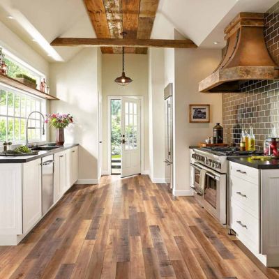 wood look laminate flooring in a rustic North Carolina kitchen
